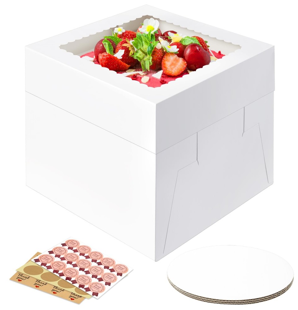 5 Pack Cake Boxes 12 Inch, White Square Cake Boxes with Cake Boards, Disposab...