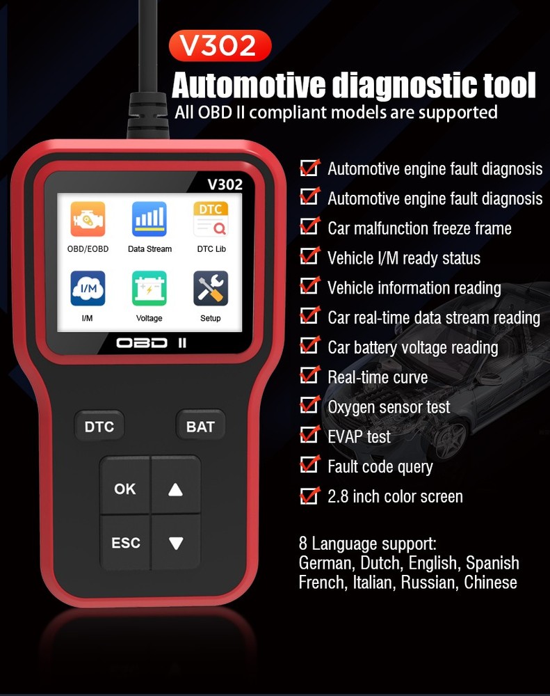 OBD2 Scanner Car Code Reader Battery Voltage Test O2 Sensor Live Data EVAP Test
