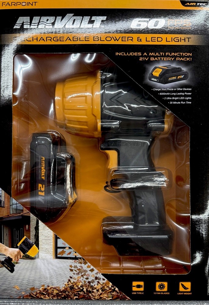 FARPOINT AIRVOLT 60 FPS 21V Handheld Leaf Blower Variable Speed LED, Battery