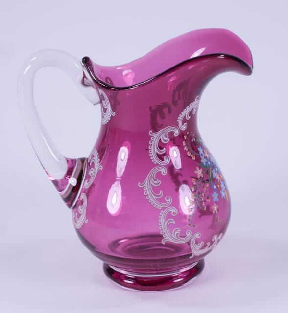 Cranberry Clear Decorated Jug or Pitcher 5"