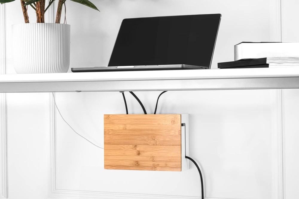 Cable Management Box With Magnetic Bamboo Lid & Cable Ties Elegant Durable Cable