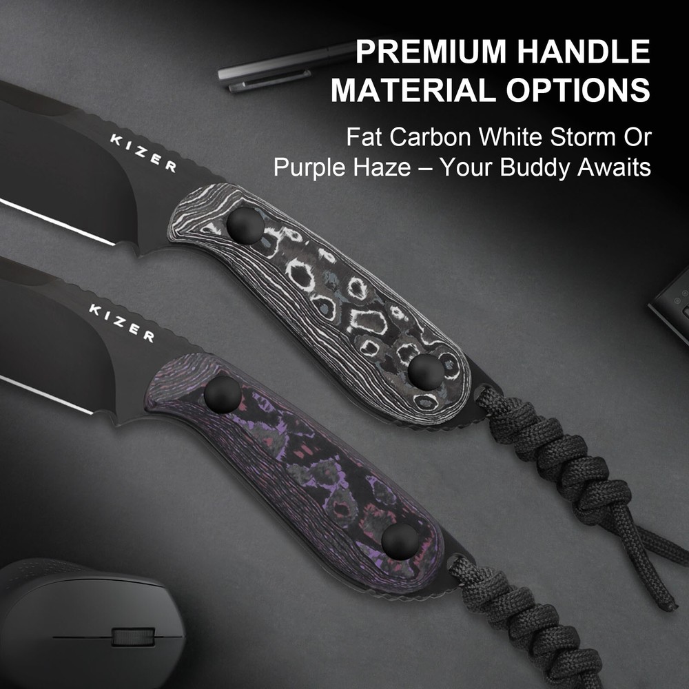 Kizer Buddy Fixed Knife Compact M390 Blade Fat Carbon White Storm Handle 1081A9
