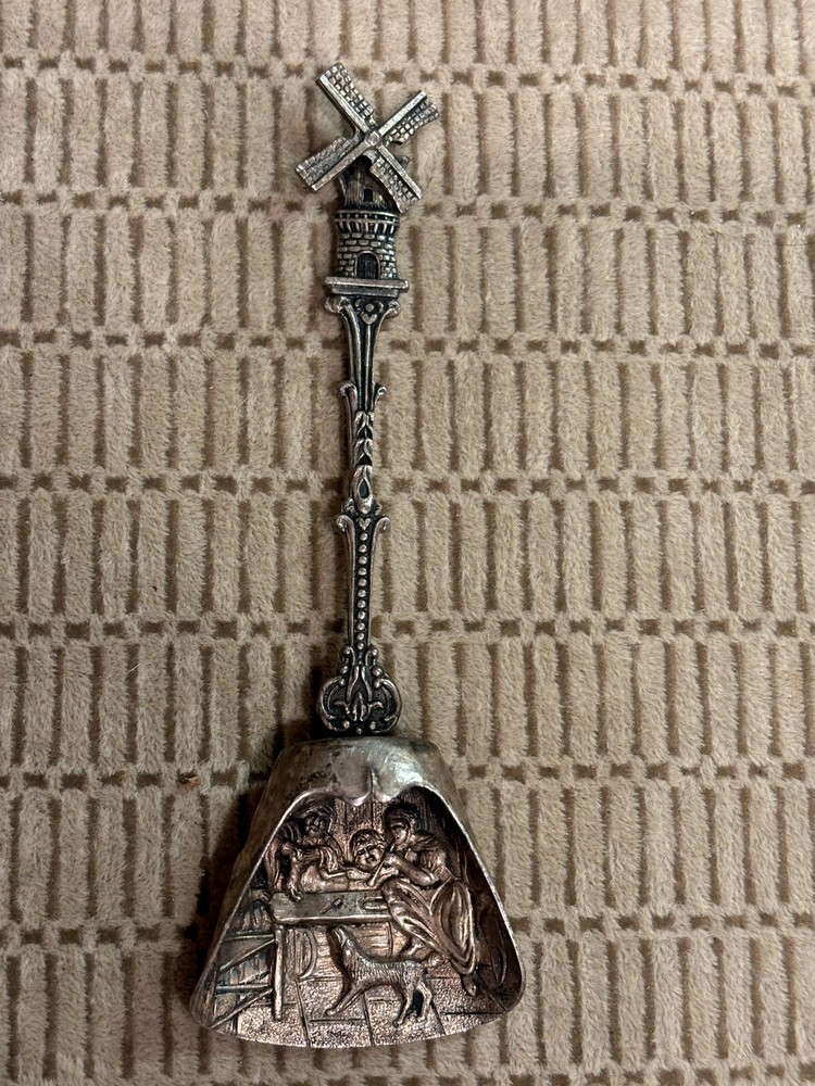Vintage Dutch Scenic Tea Caddy Shovel Spoon Windmill Handle Silver