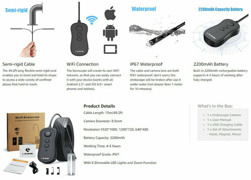 Wireless Wifi 10m HD Endoscope Camera Borescope Inspection For Android iPhone