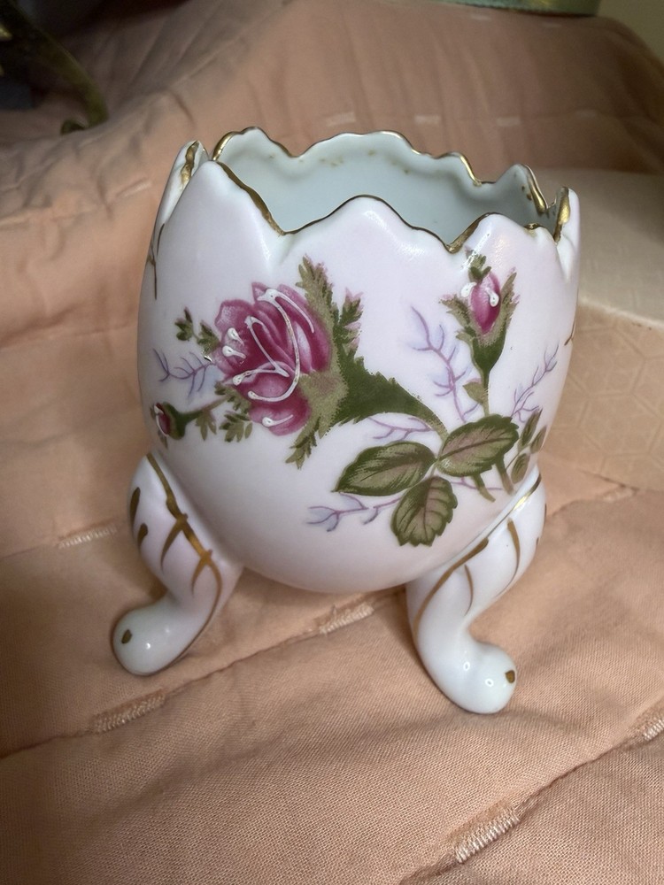 Ceramic Egg-Shaped Three-Legged Planter Hand Painted Floral Roses Gold Trim