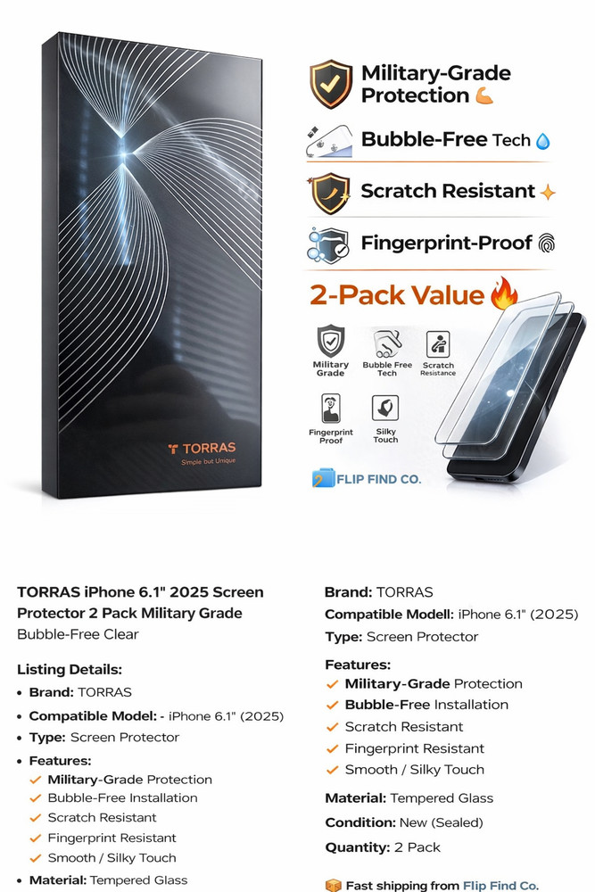 TORRAS iPhone 6.1" 2025 Screen Protector 2 Pack Military Grade Bubble-Free Clear