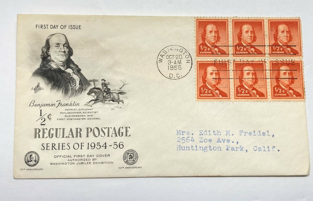 1955 First Day Issue Cover Benjamin Franklin 1/2 Cent FDC Postal Souvenir
