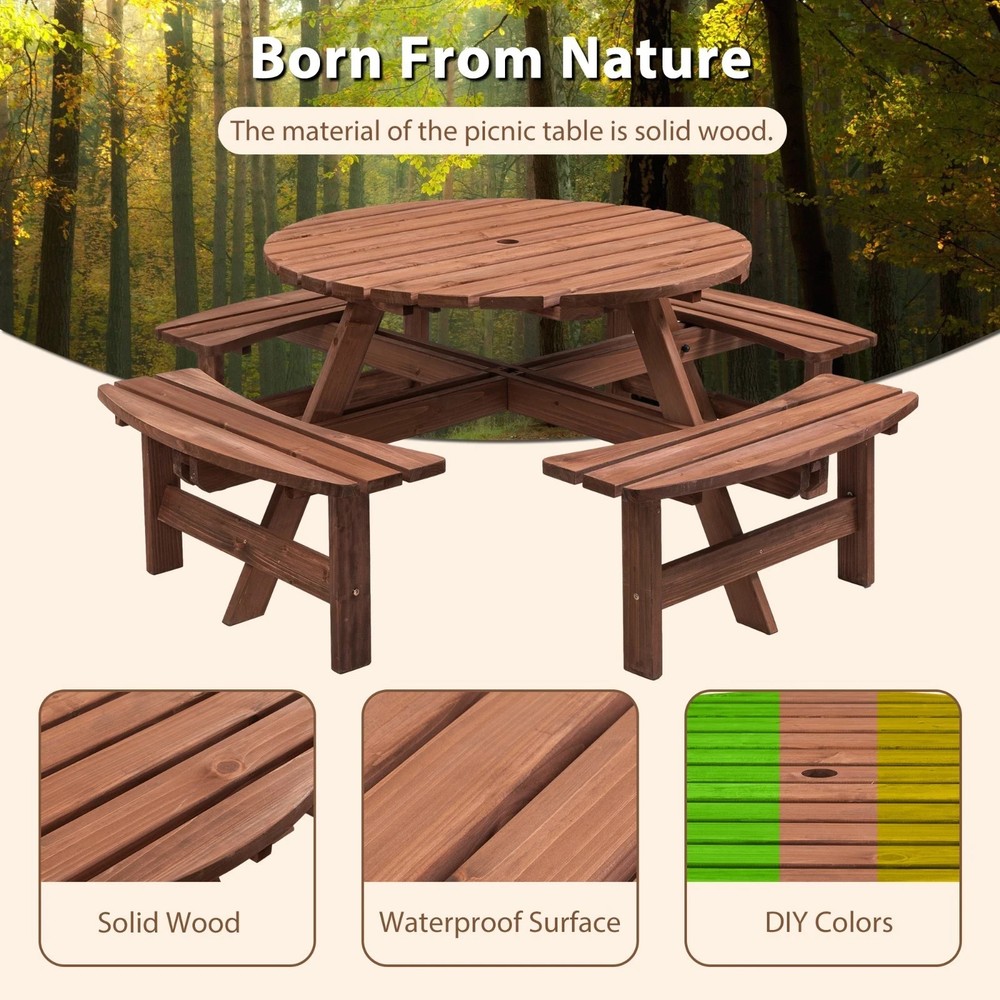 Circular Picnic Table With Bench Wooden Round Table Suitable for Backyard Garden