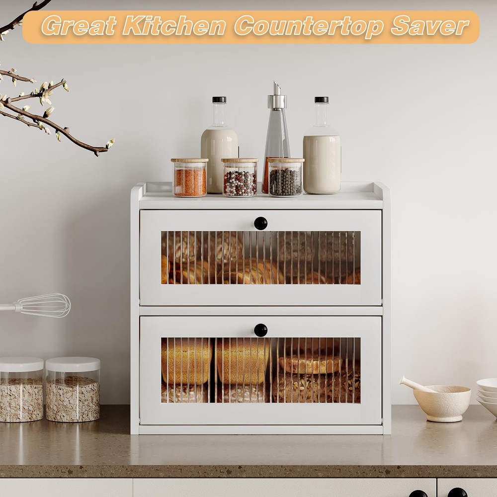 Alpeir Double Layer Large Bread Box for Kitchen Counter, Wooden Large, White