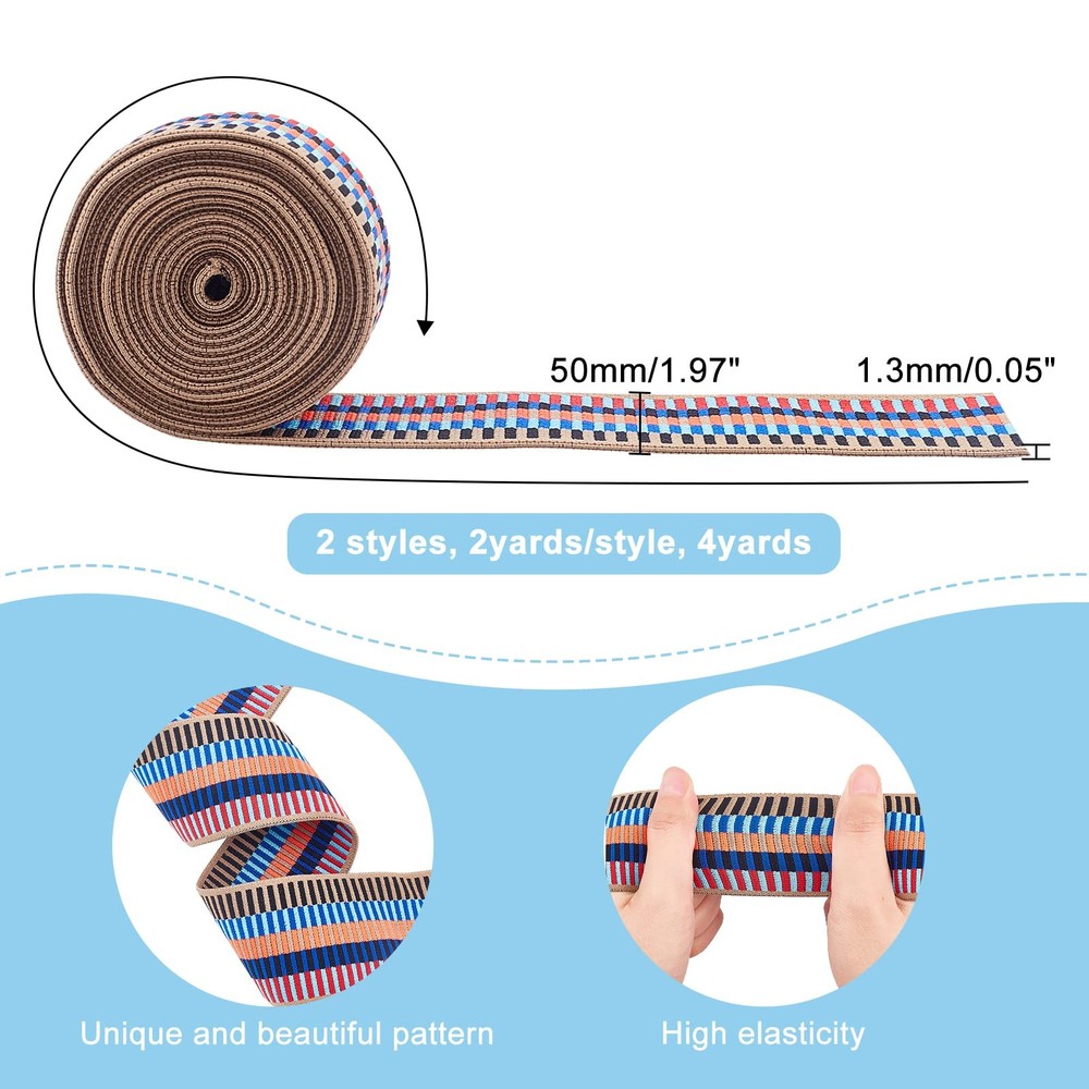 4 Yards 2 Styles 2inch Wide Nylon Elastic Band Flat with Stripe Pattern Rubbe...