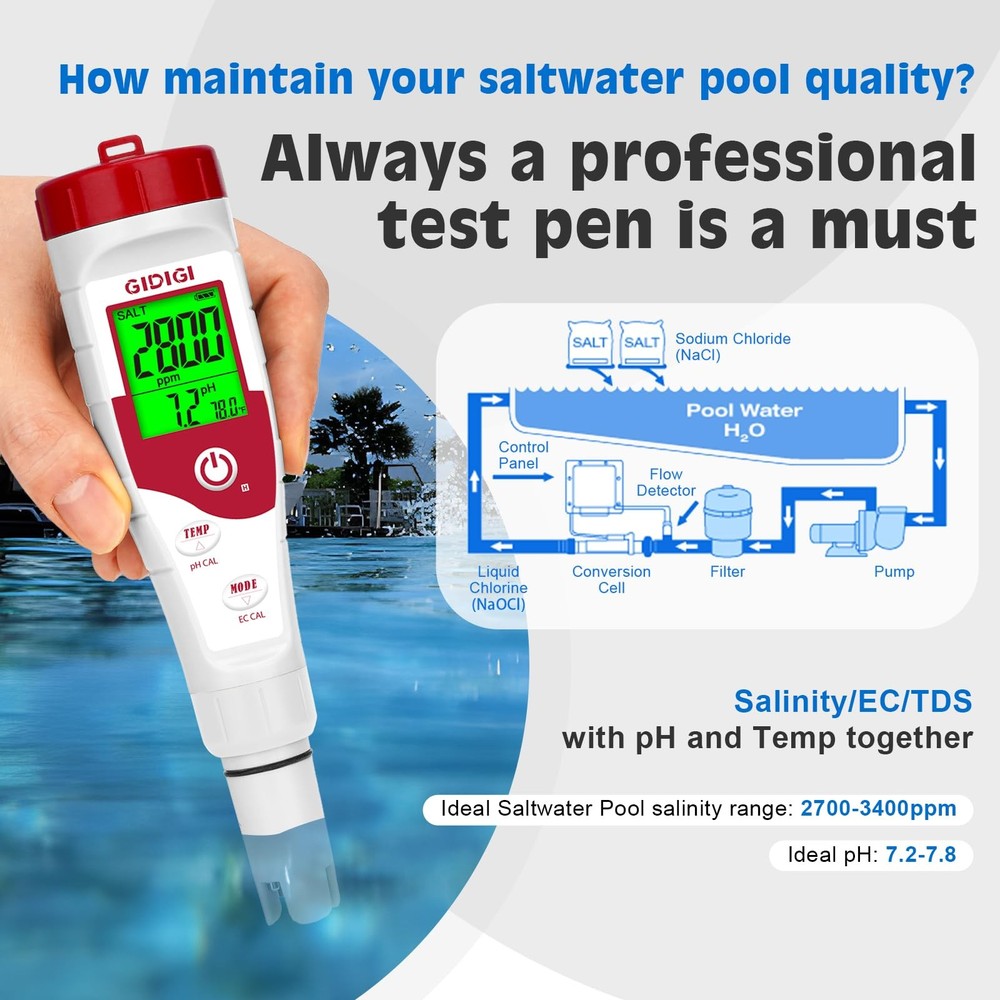 Pool Salt Tester pH Meter New Update Digital pH Tester Salinity Meter with Mu...
