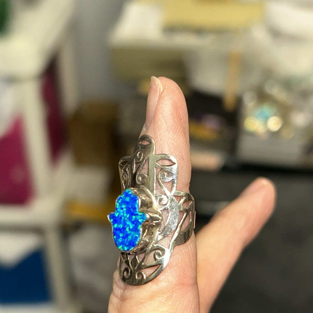 925 Sterling Australian Opal Hamsa Hand Ring Size 5