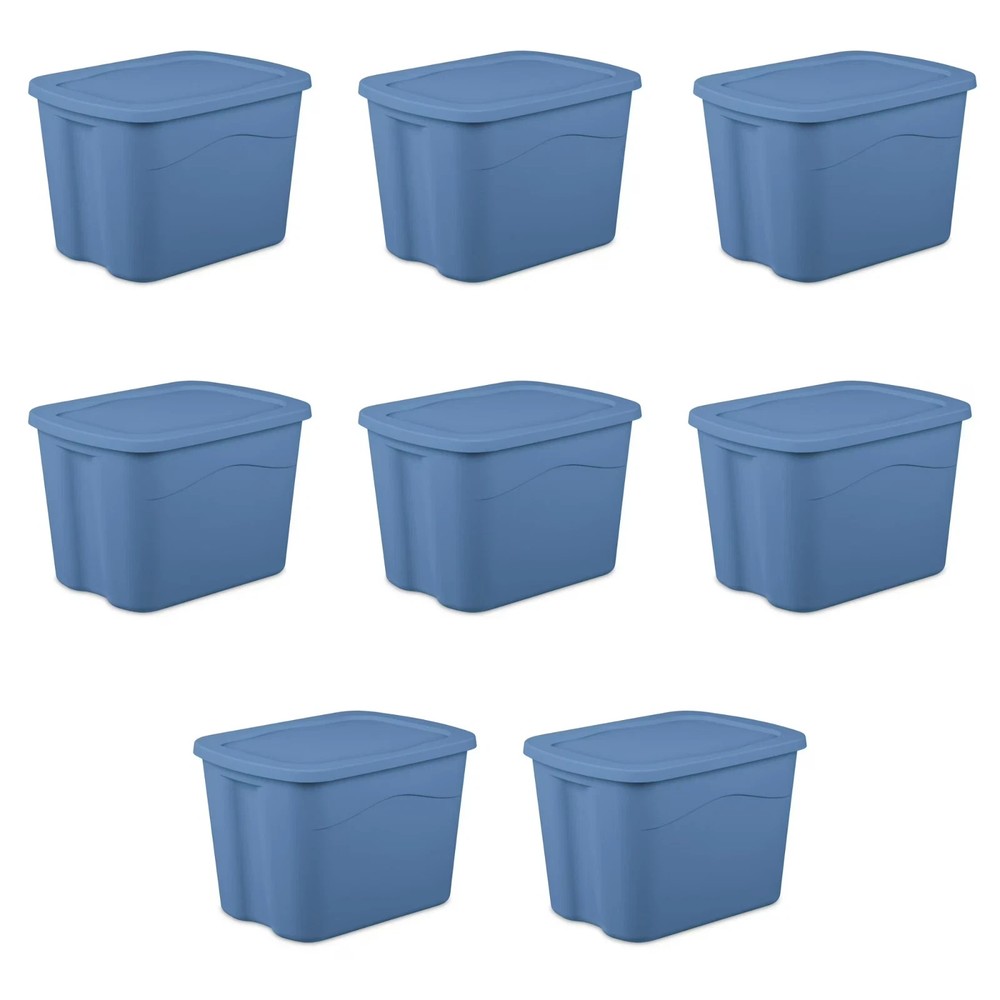 Sterilite 18 Gallon Plastic Storage Container with Snap-on Lid 8 Pack - Blue