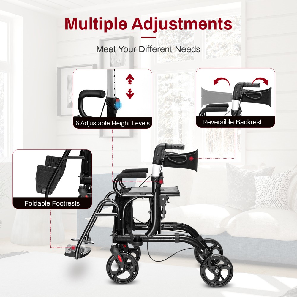 3-Wheel Rolling Walker Folding Rollator Walker w/ 8 inch Wheels
