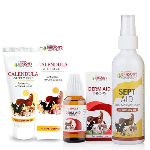 Bakson Veterinary Derm Aid Drops + Calendula Ointment + Sept Aid Spray.