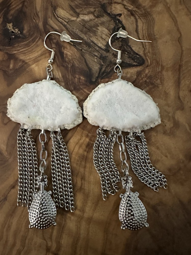 Embroidered Rain Cloud Chain & Teardrop Crystal Dangle Drop Hook Earrings