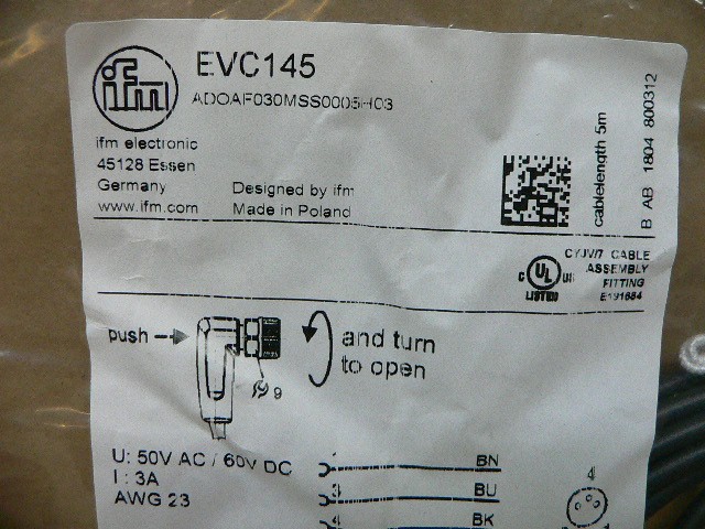 Ifm Efector Evc145 Cable W/ Angled Socket Brand New