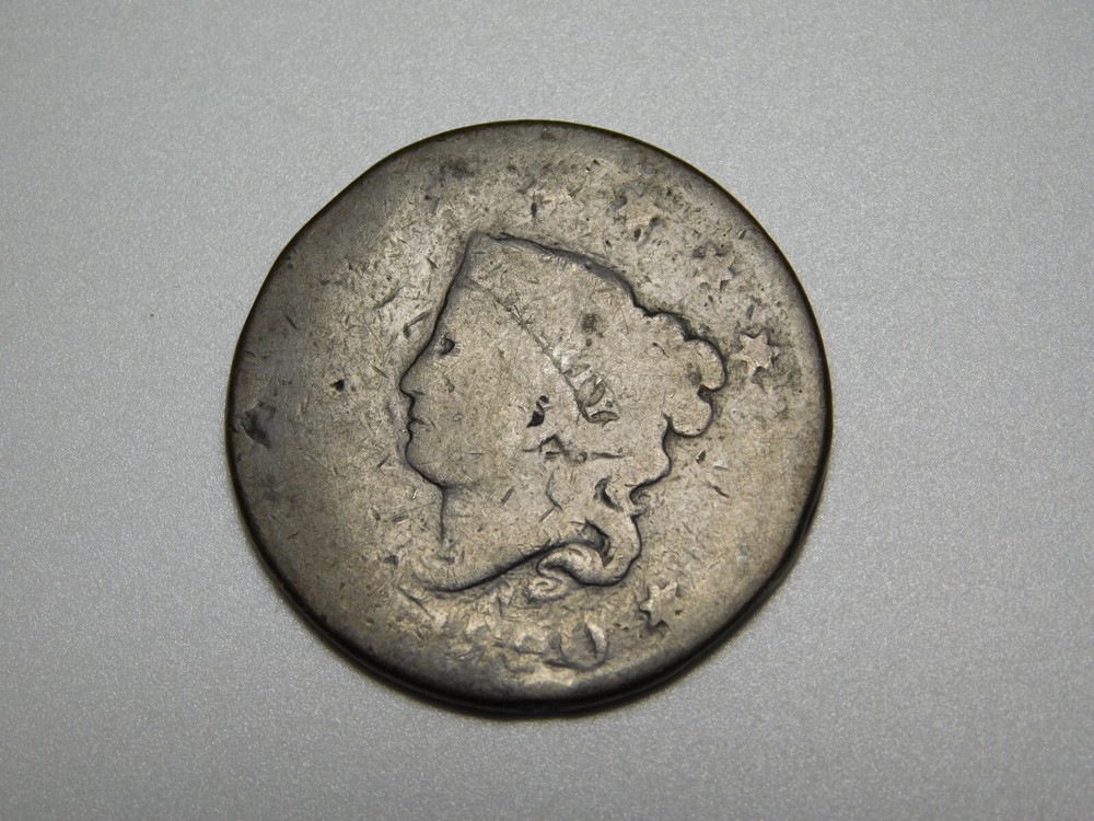 OLD US COPPER COINS 1820 CORONET HEAD LARGE CENT *SCRATCHES ON REVERSE*