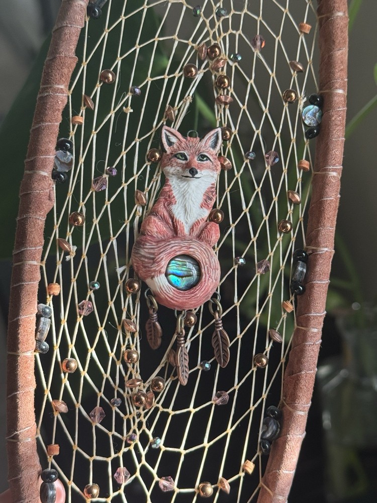 Handmade Fox Dreamcatcher Wall Hanging Abalone Copper Beads Boho Decor