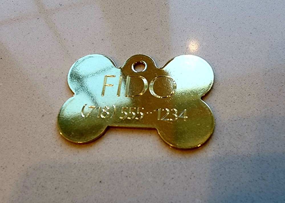 PET TAGS BONE (2.5cm) ID SOLID BRASS 2 SIDE DIAMOND ENGRAVE DOG CAT NAME TAG