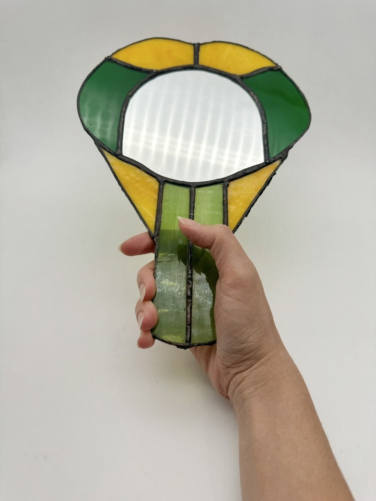 Vintage Green Hand Held Vanity Mirror Stained Glass