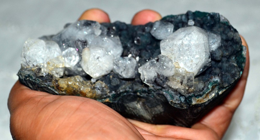 Apophyllite Crystals On Black Chalcedony Base I-19