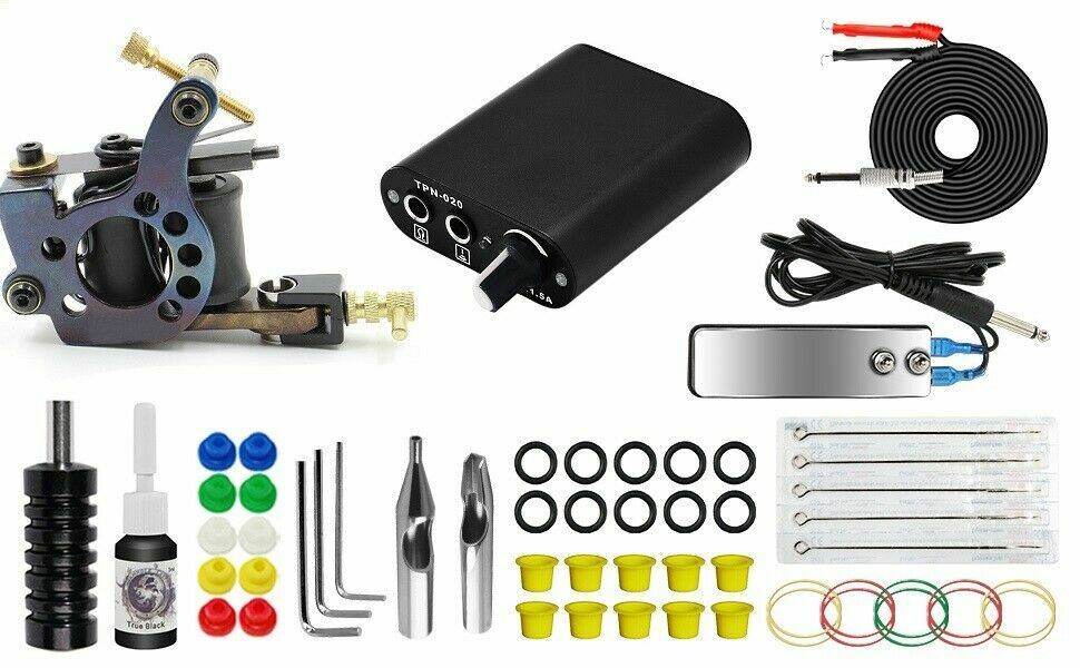 Complete Tattoo Kit for Beginner Power Supply Black Ink Needle Pro Machine Gun