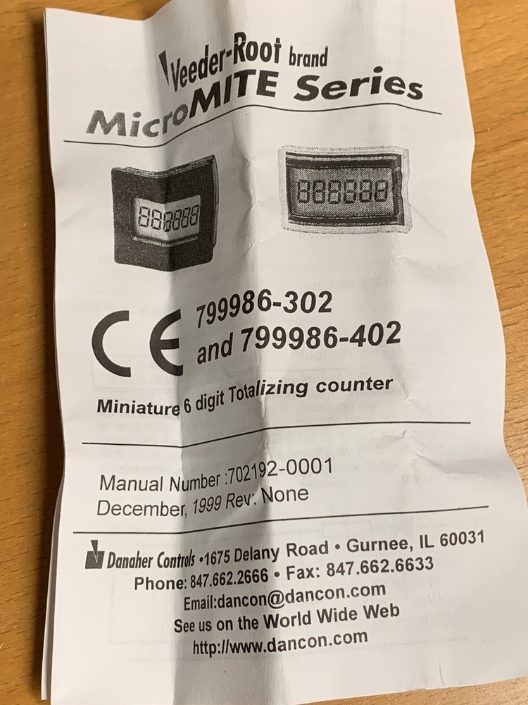 VEEDER-ROOT 799986-402 MircoMITE Miniature 6 Digit Totalizing Counter