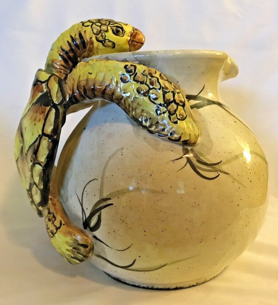 HAND CRAFTED POTTERY DECOR PITCHER W/TURTLE HANDLE~SAC B.CASATI