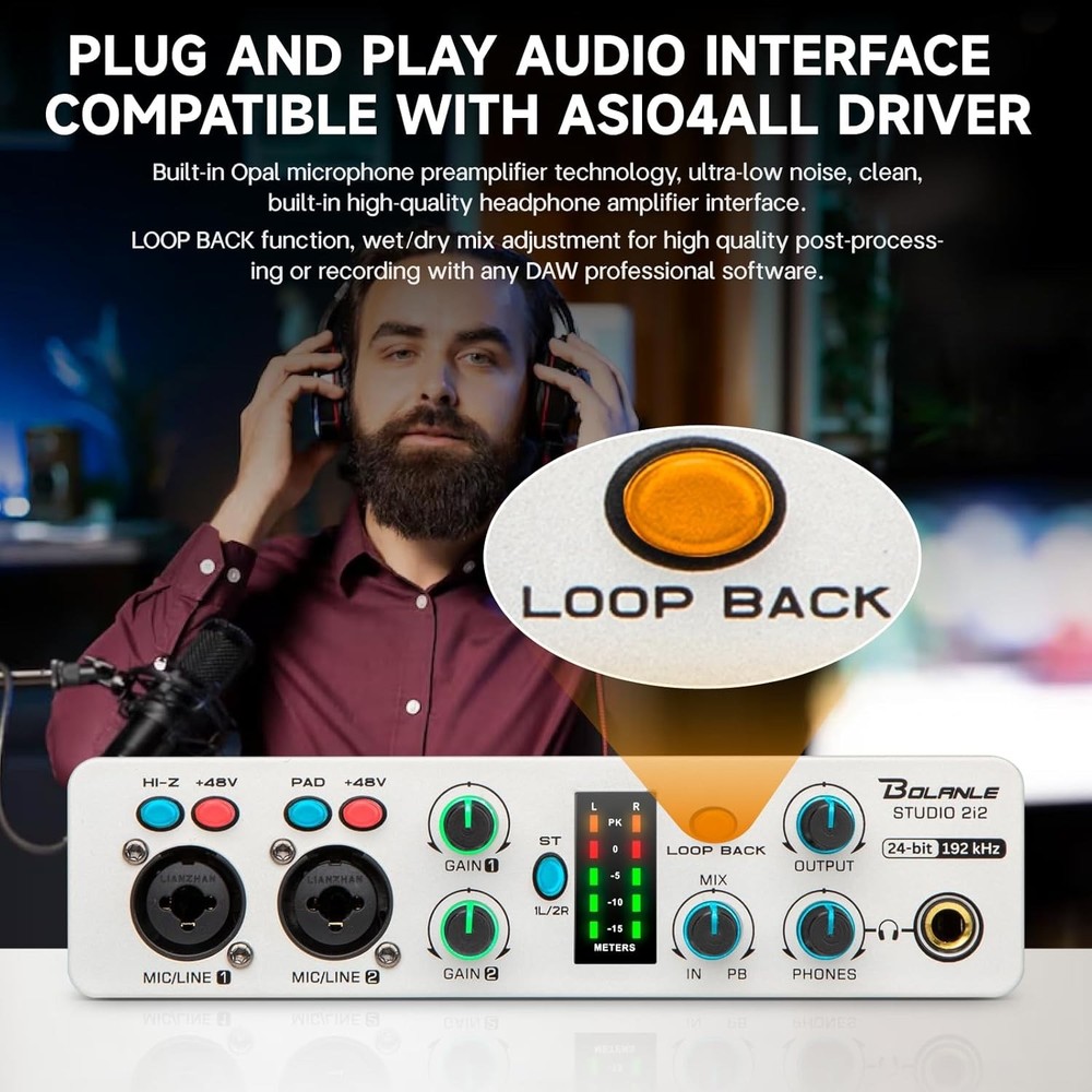 Bolanle Studio 2i2 Audio Interface 24-bit/192kHz, 2 Channel Portable USB