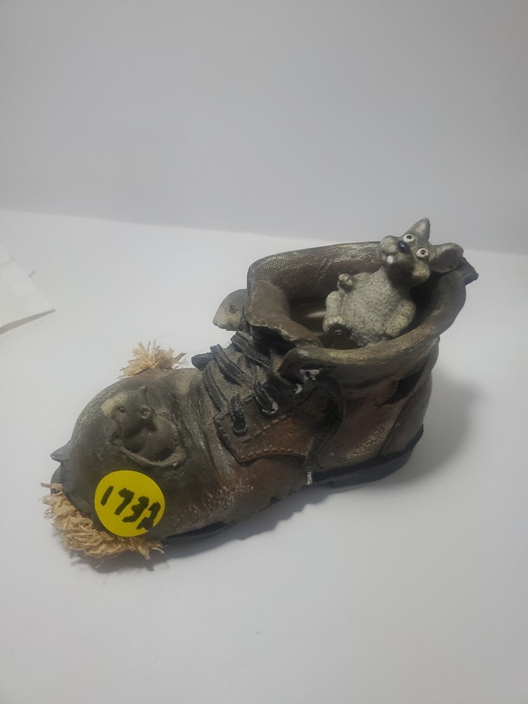 DECORATIVE PLANTER WORN LEATHER  BOOT Appearance WITH  MICE PEEKING  OUT