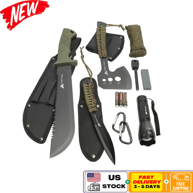 12 Pack Tool Set Camping Flashlight Machete Multitool Survival Kit Safe Storage