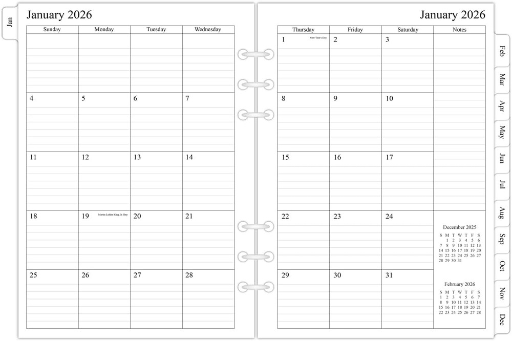 2026 A5 Planner Refills 6-Ring Binder Monthly Pages Jan-Dec Calendar Organizer