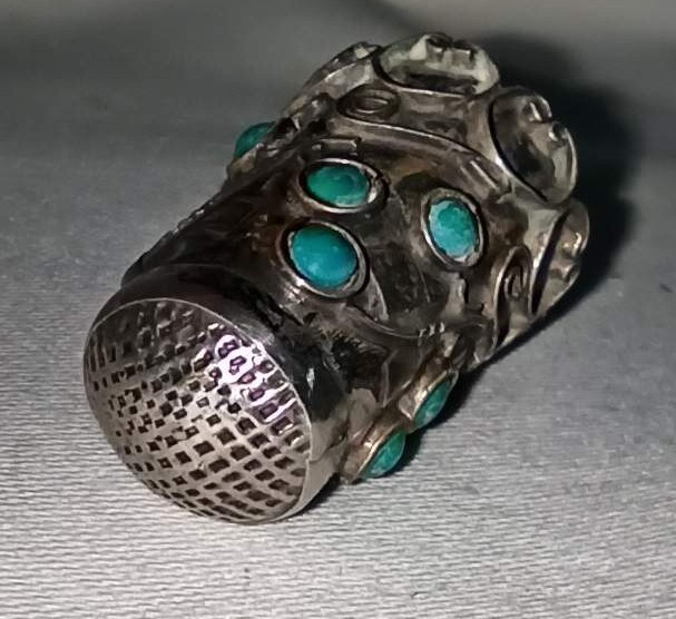Mexican Silver Thimble With Semi-precious Stones