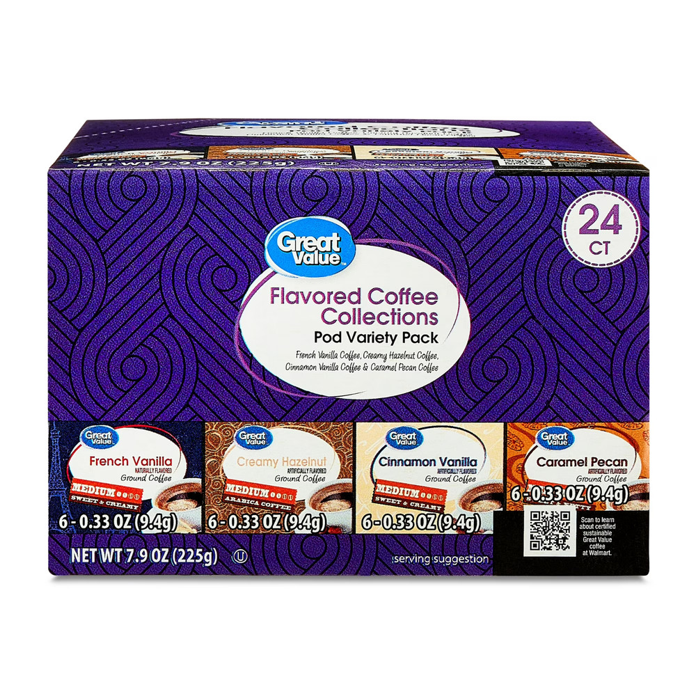Great Value Medium Roast Ground Coffee Pods Variety Pack, 7.9 oz, 24 Count