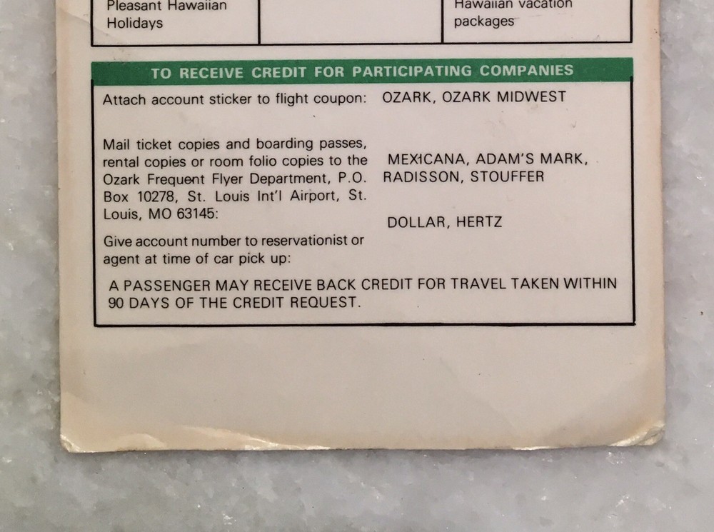 Vintage Ozark Airlines Frequent Flyer Program Quick Reference Laminated Card