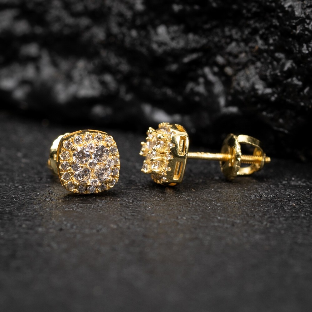 Yellow Gold 925 Sterling Silver Small 3D Cube Square Cluster Stud Earrings