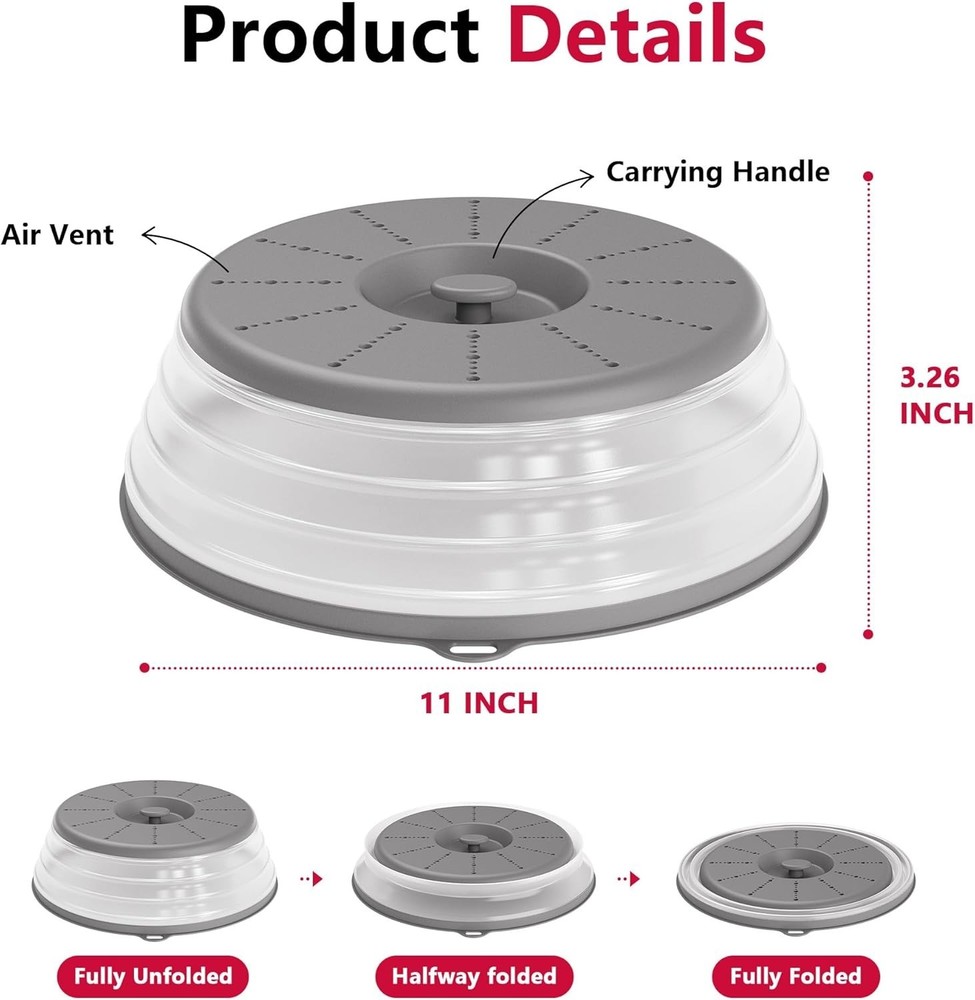 Compact Microwave Splatter Cover with Hook Hole - 10.5" Grey & Functional Design