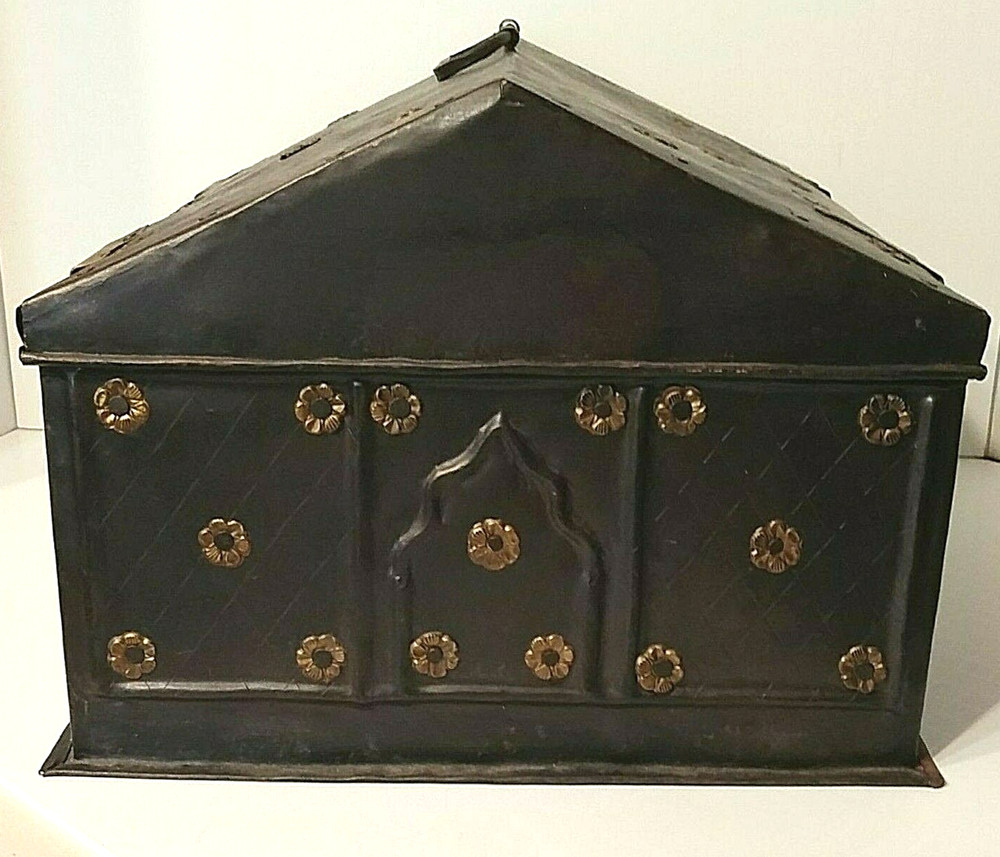 Vintage Metal Document Chest Box w/ Applied Brass Rosettes & Primitive Etching