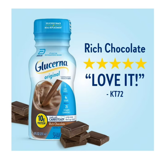 2 PACK Glucerna Original Diabetic Protein Shake, Rich Chocolate, 8 fl oz Bottle