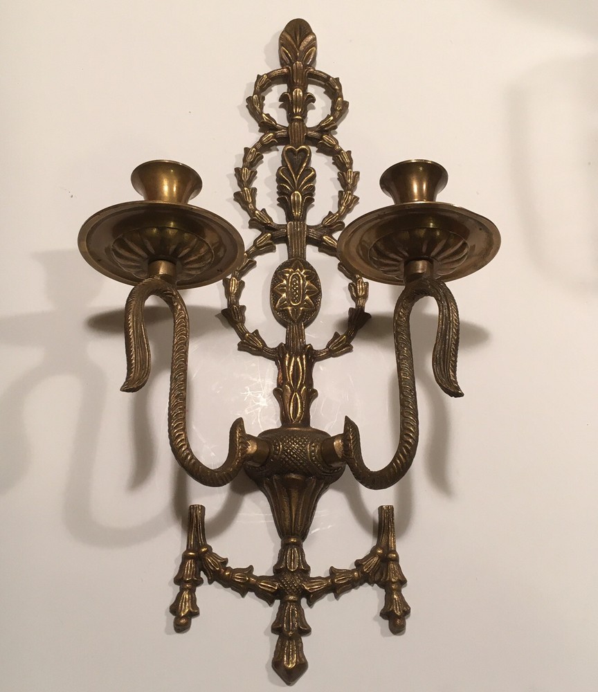 Large Ornate Brass Wall Sconce Two Candleholder