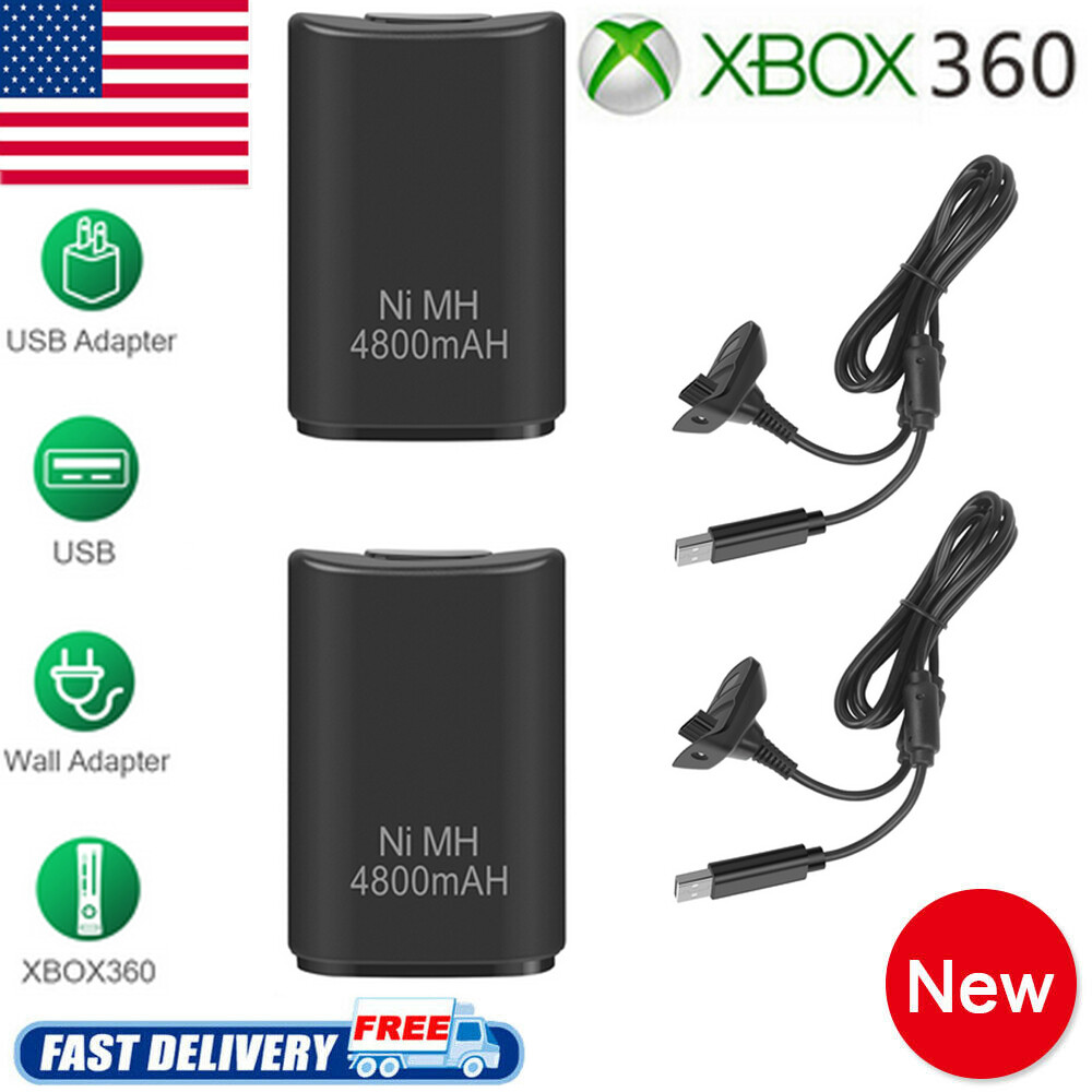 2 Pack Rechargeable 4800mAh Battery Pack For Xbox 360 Wireless Controller Black