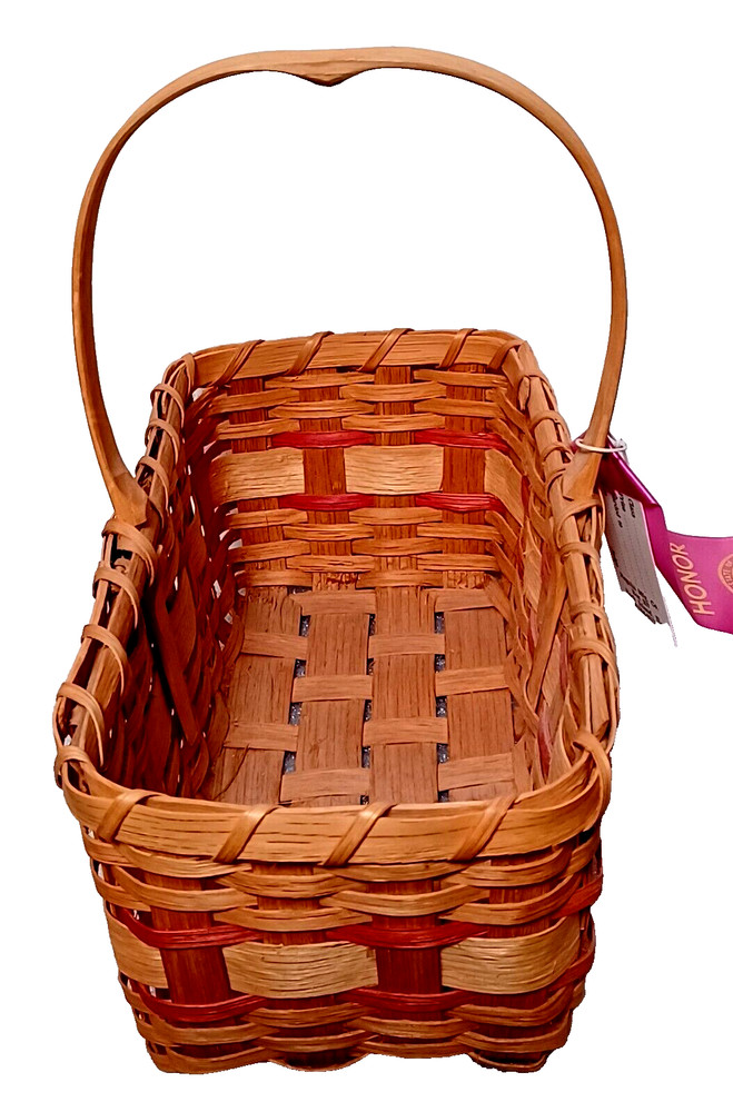 Handmade Rectangular Basket with fixed Handle Red and Tan 11" x 5.5" Vintage