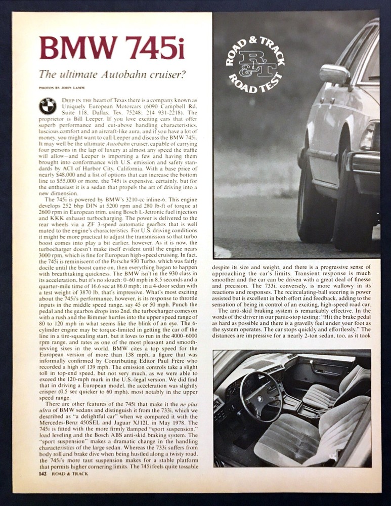 1982 BMW 745i Sedan Road Test Technical Data Review Article