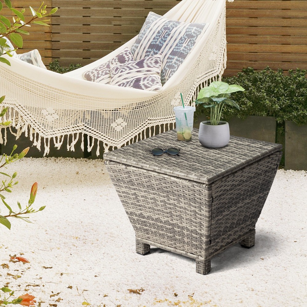 Outdoor PE Wicker Side Table with Storage, Small Patio Storage Bin Container
