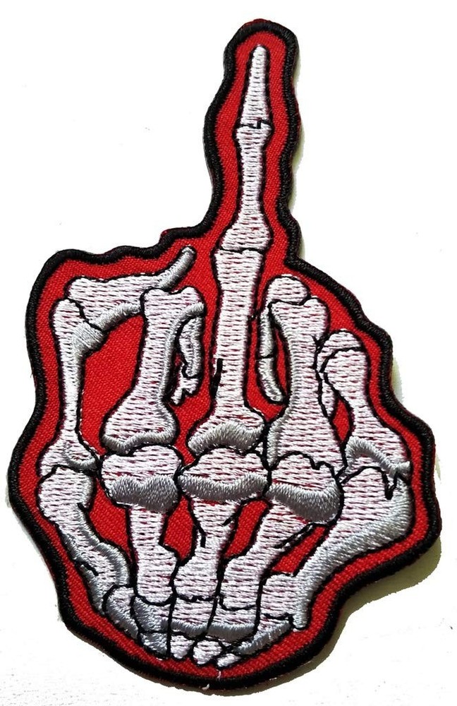PP Patch Red Middle Finger Skeleton Hand Patch Embroidered Applique Iron-on P...
