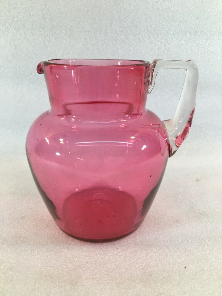 5" Hand Blown Cranberry Pitcher w/Applied Clear Glass Handle