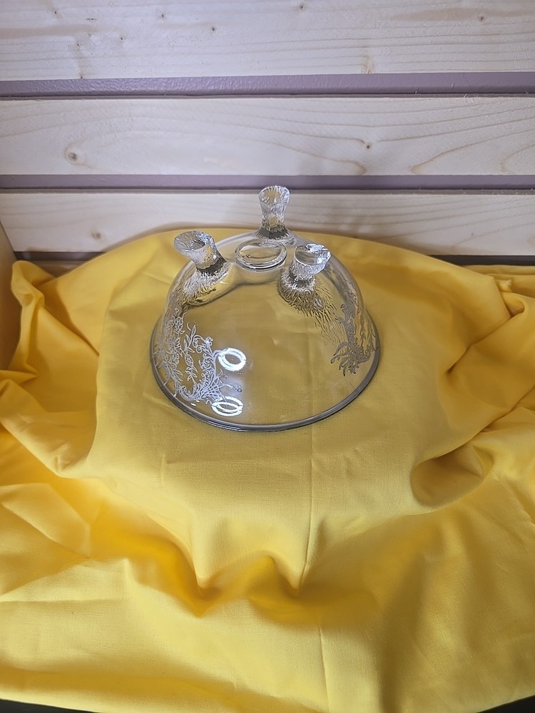Silver Edged Glass Inlay Three Footed Dish Bowl