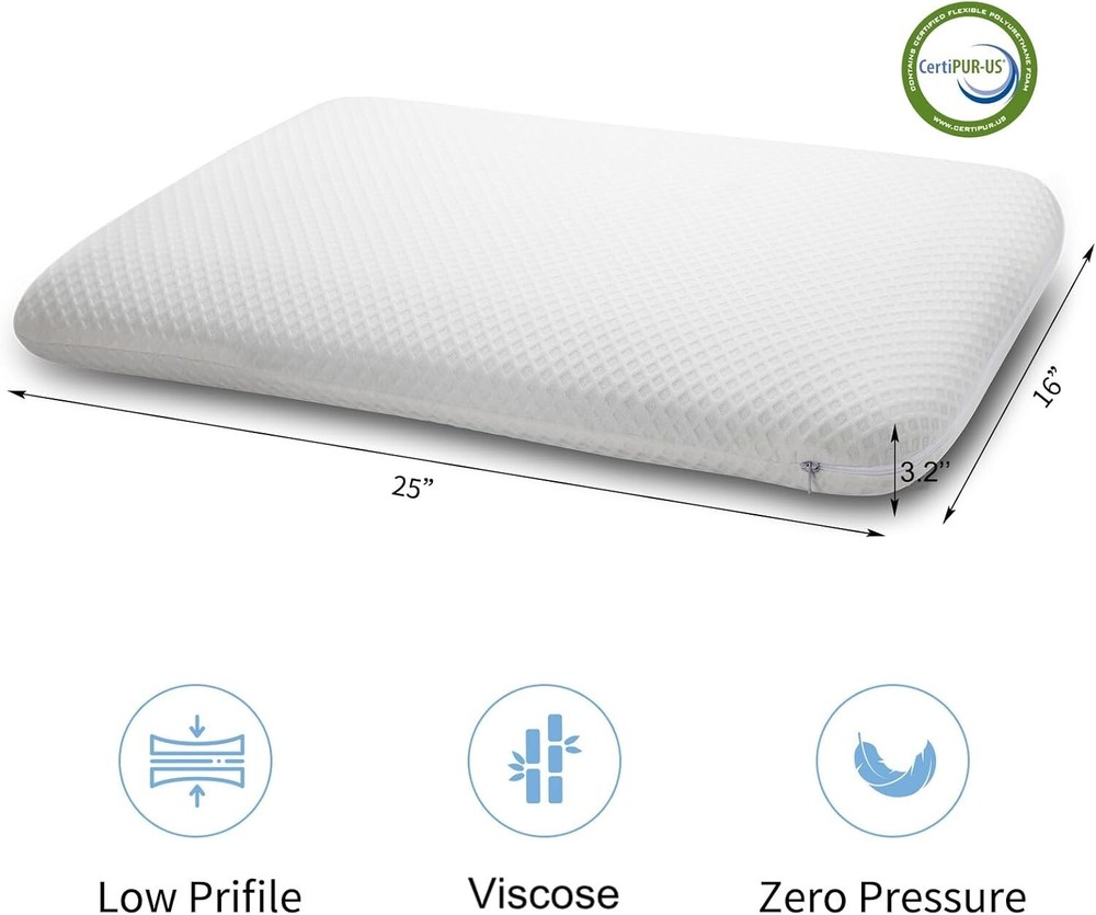 Slim 3.2" Stomach Sleeping Memory Foam Pillow-Thin, Flat, Soft Yet Supportative