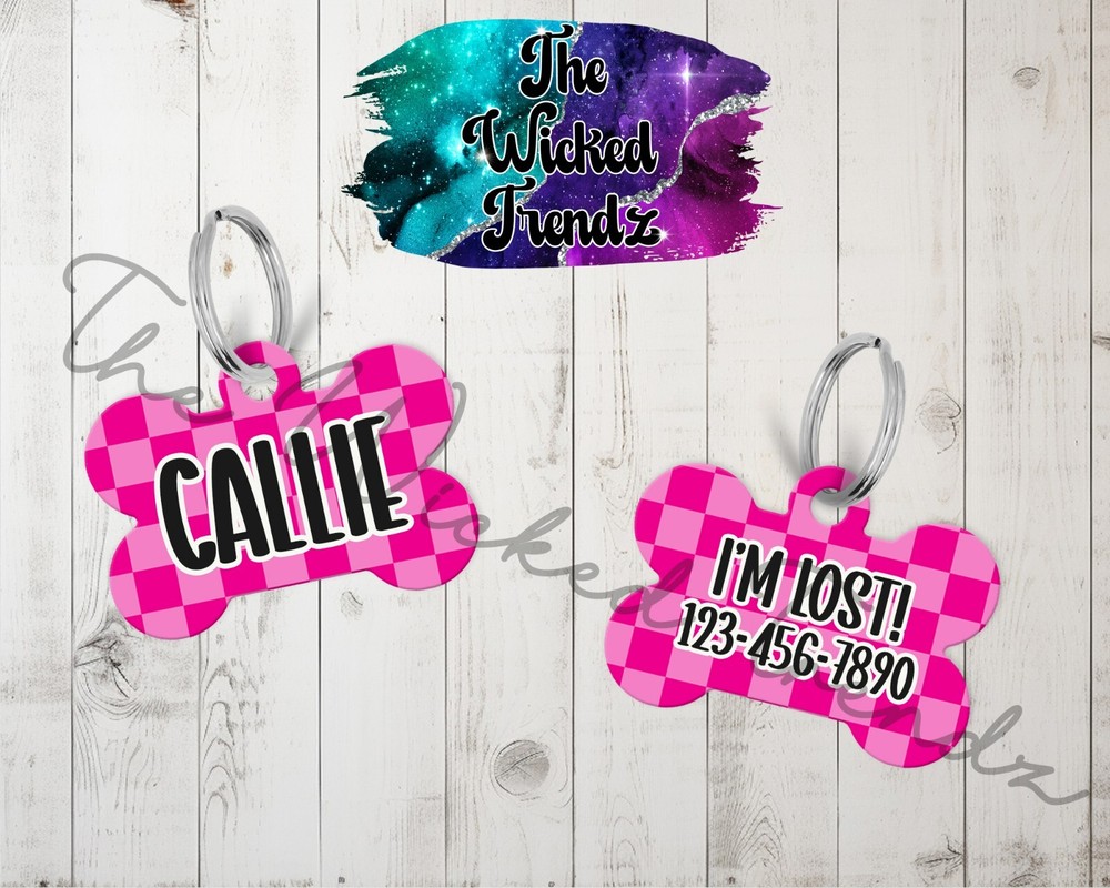 Retro Checkered Pattern Print Custom Personalized Pet Name ID Dog Tag Number